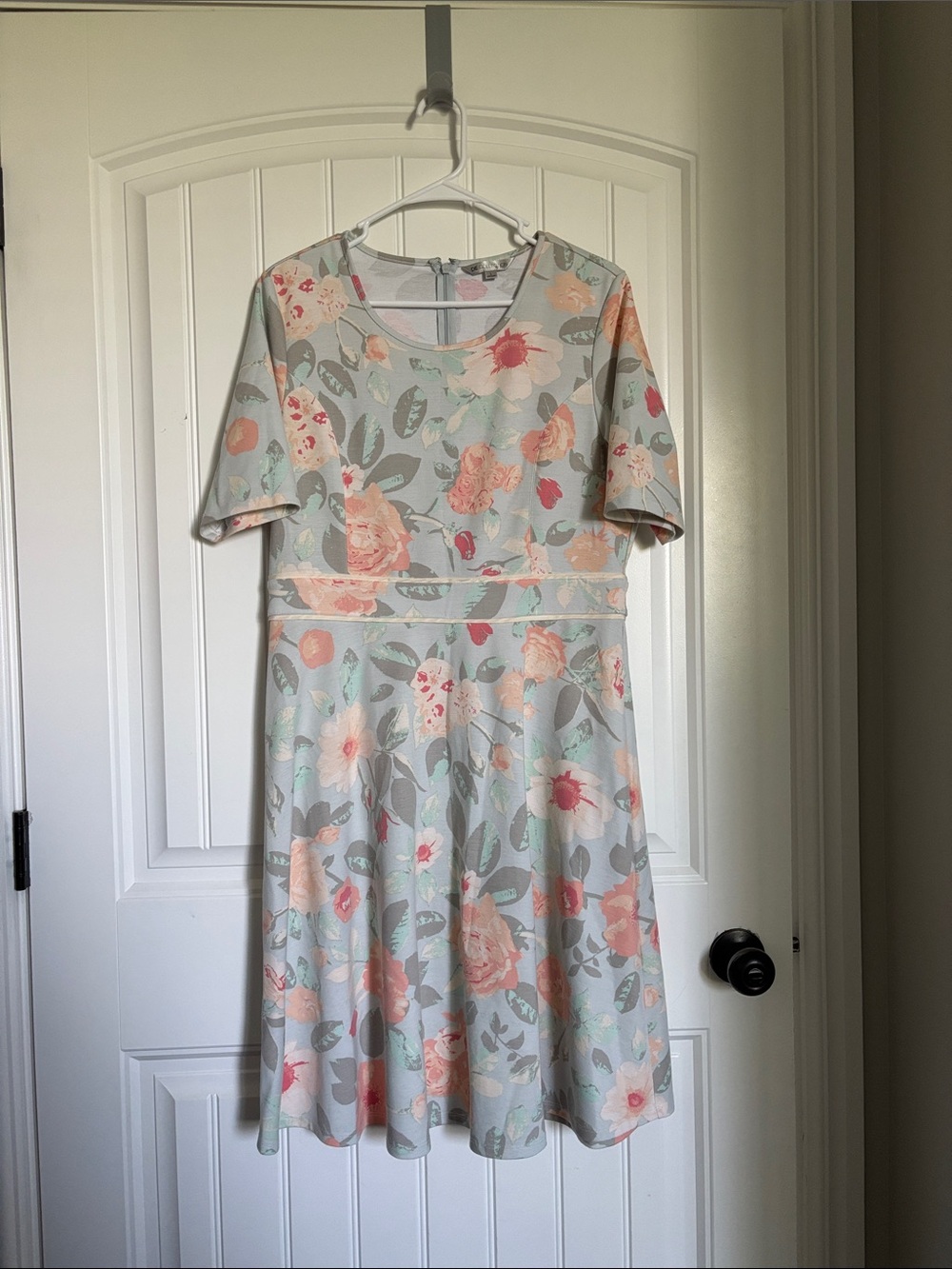 Floral Fit-and-Flare Midi Dress in Light Blue and Peach